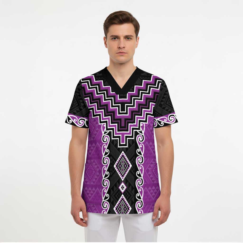 Purple Niho Taniwha Mix Poutama Scrub Top Unique Taniko Aotearoa LT01 - Polynesian Pride