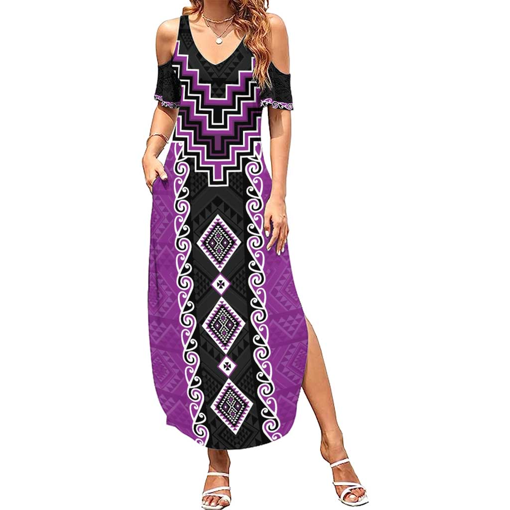 Purple Niho Taniwha Mix Poutama Summer Maxi Dress Unique Taniko Aotearoa