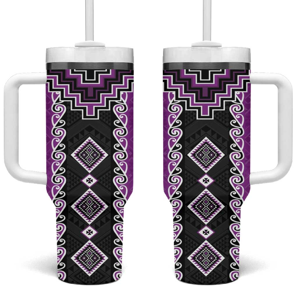 Purple Niho Taniwha Mix Poutama Tumbler With Handle Unique Taniko Aotearoa LT01 One Size: 40 oz Purple - Polynesian Pride