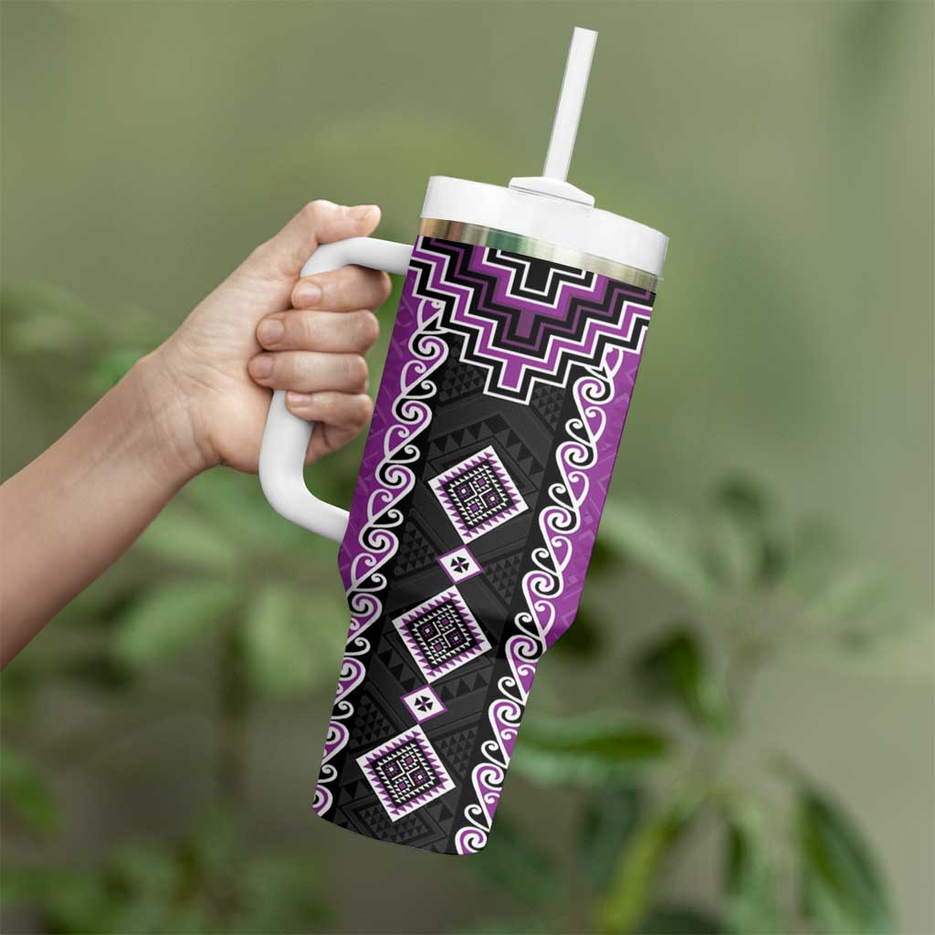 Purple Niho Taniwha Mix Poutama Tumbler With Handle Unique Taniko Aotearoa LT01 - Polynesian Pride