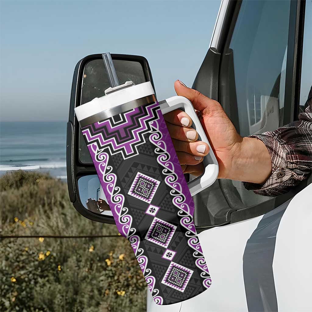 Purple Niho Taniwha Mix Poutama Tumbler With Handle Unique Taniko Aotearoa LT01 - Polynesian Pride