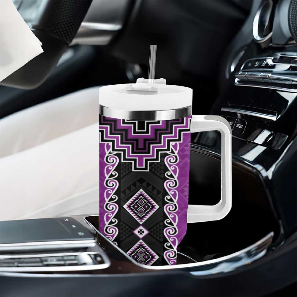 Purple Niho Taniwha Mix Poutama Tumbler With Handle Unique Taniko Aotearoa LT01 - Polynesian Pride