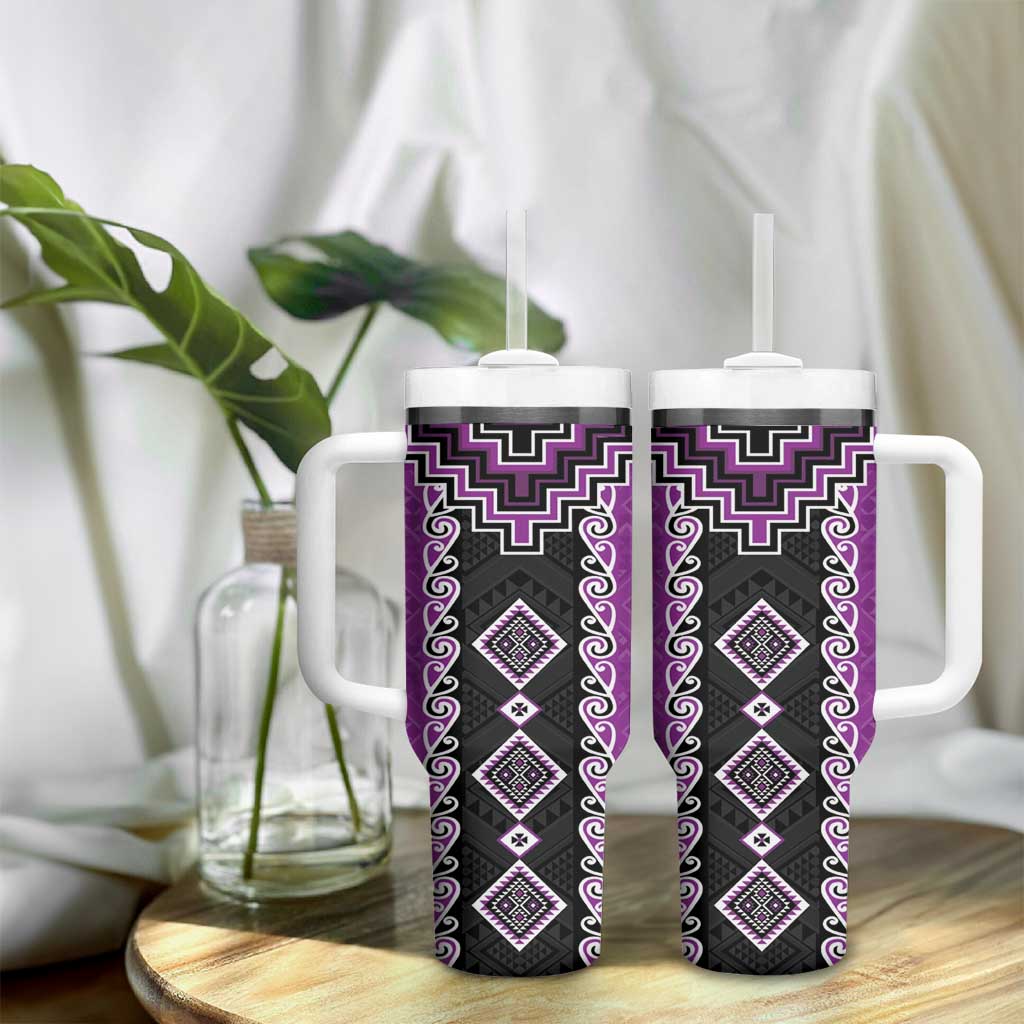 Purple Niho Taniwha Mix Poutama Tumbler With Handle Unique Taniko Aotearoa LT01 - Polynesian Pride