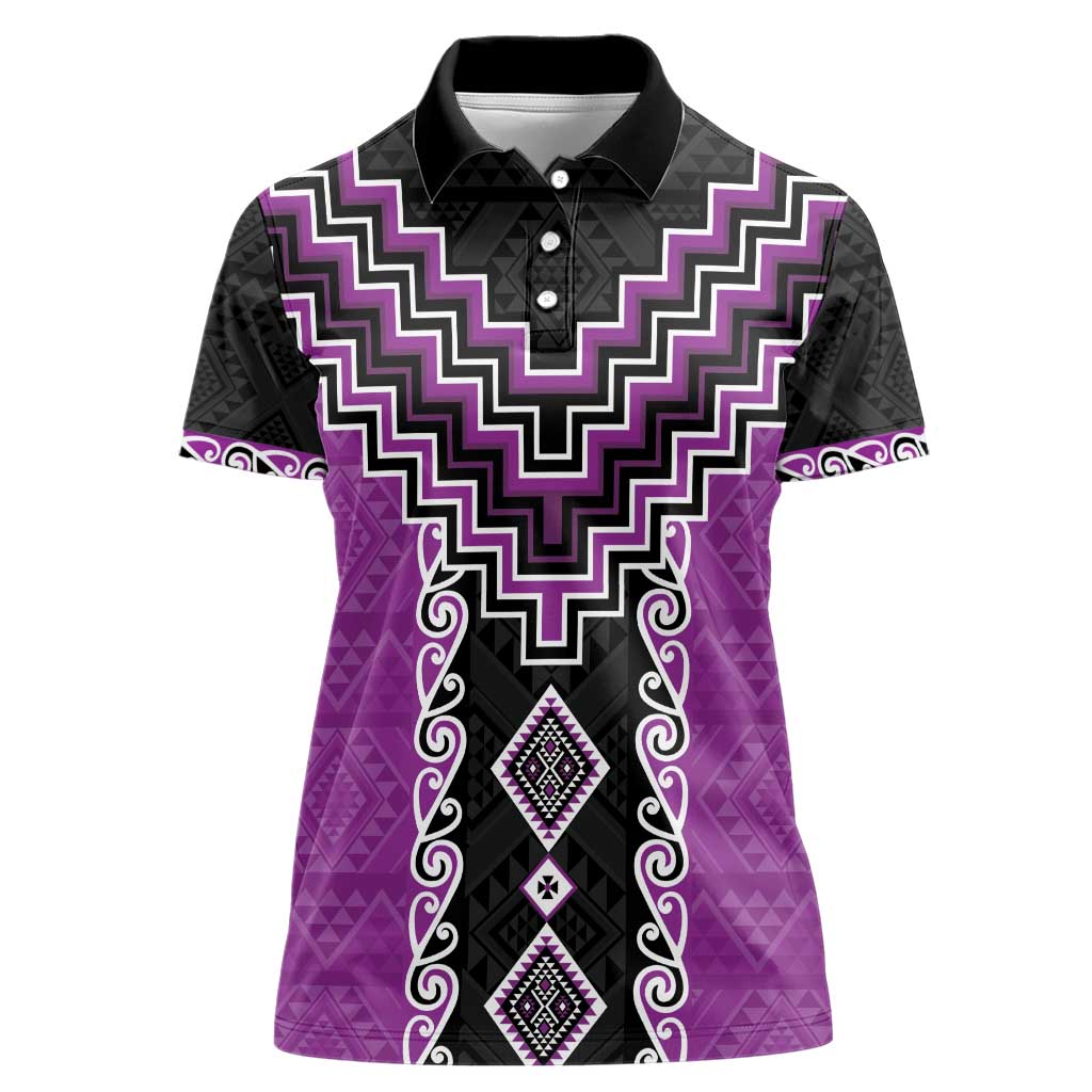 Purple Niho Taniwha Mix Poutama Women Polo Shirt Unique Taniko Aotearoa