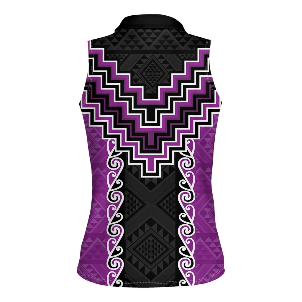 Purple Niho Taniwha Mix Poutama Women Sleeveless Polo Shirt Unique Taniko Aotearoa