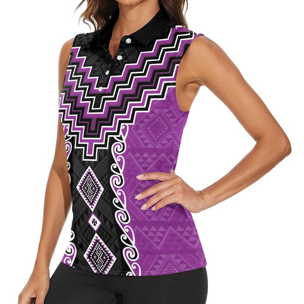 Purple Niho Taniwha Mix Poutama Women Sleeveless Polo Shirt Unique Taniko Aotearoa