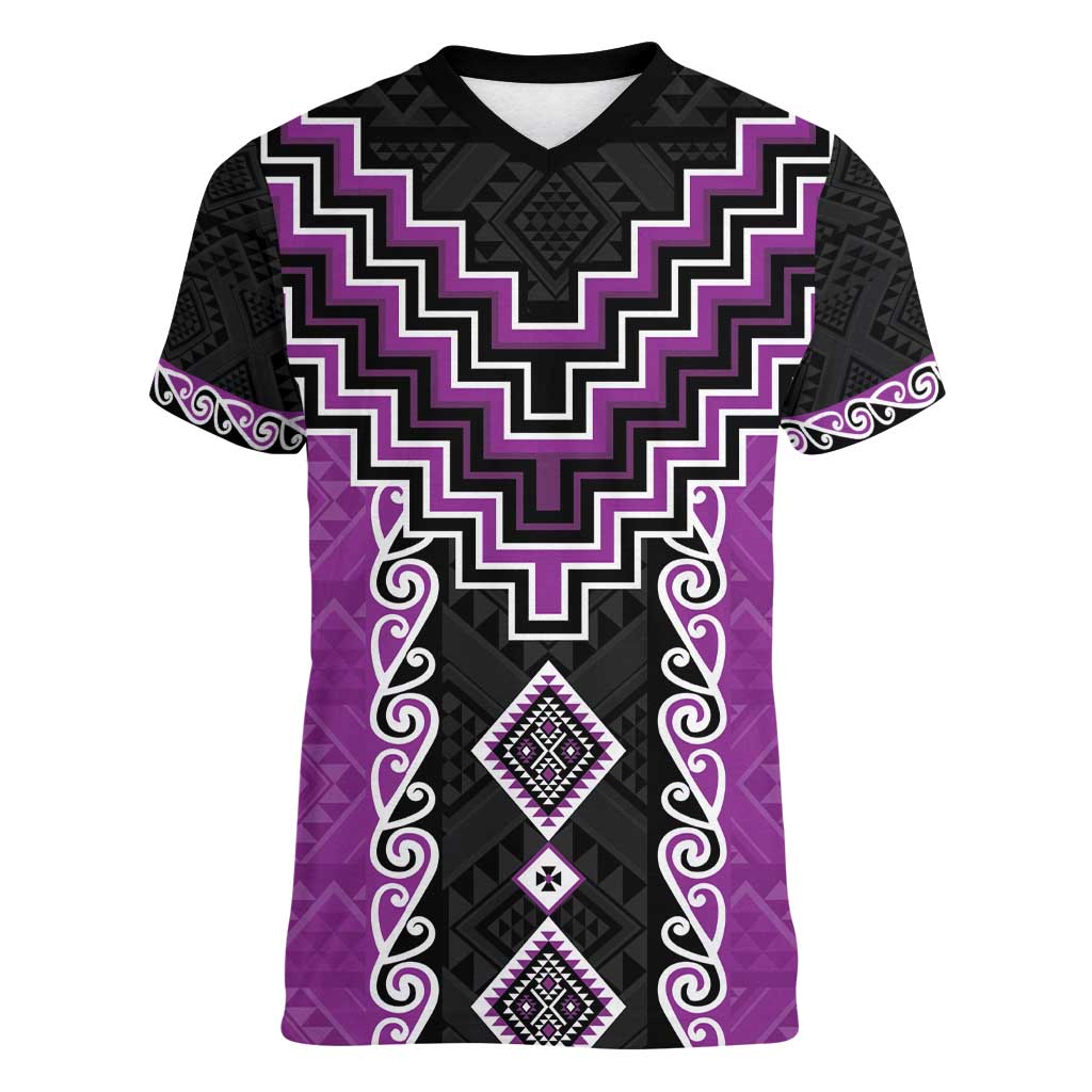 Purple Niho Taniwha Mix Poutama Women V-Neck T-Shirt Unique Taniko Aotearoa LT01 Female Purple - Polynesian Pride