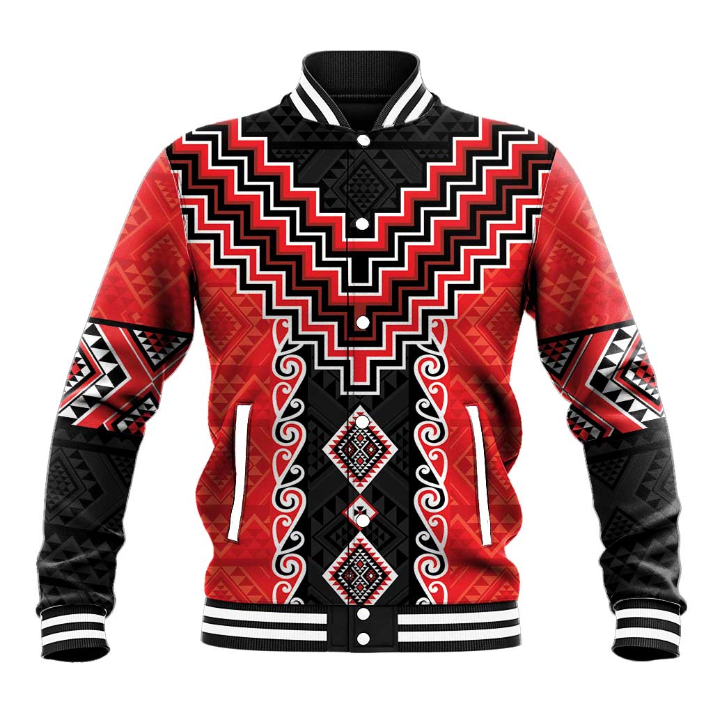Red Niho Taniwha Mix Poutama Baseball Jacket Unique Taniko Aotearoa LT01 Unisex Red - Polynesian Pride