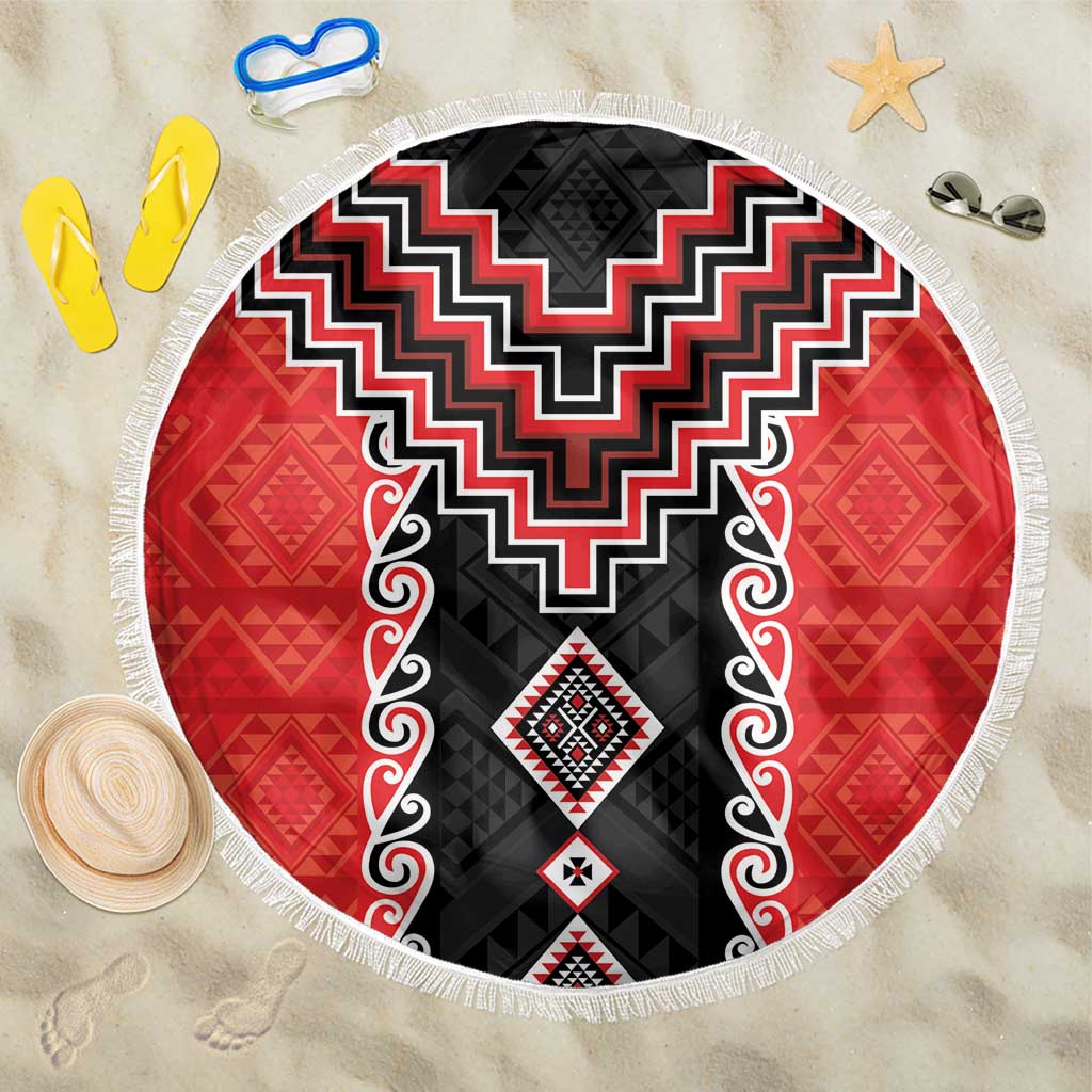 Red Niho Taniwha Mix Poutama Beach Blanket Unique Taniko Aotearoa