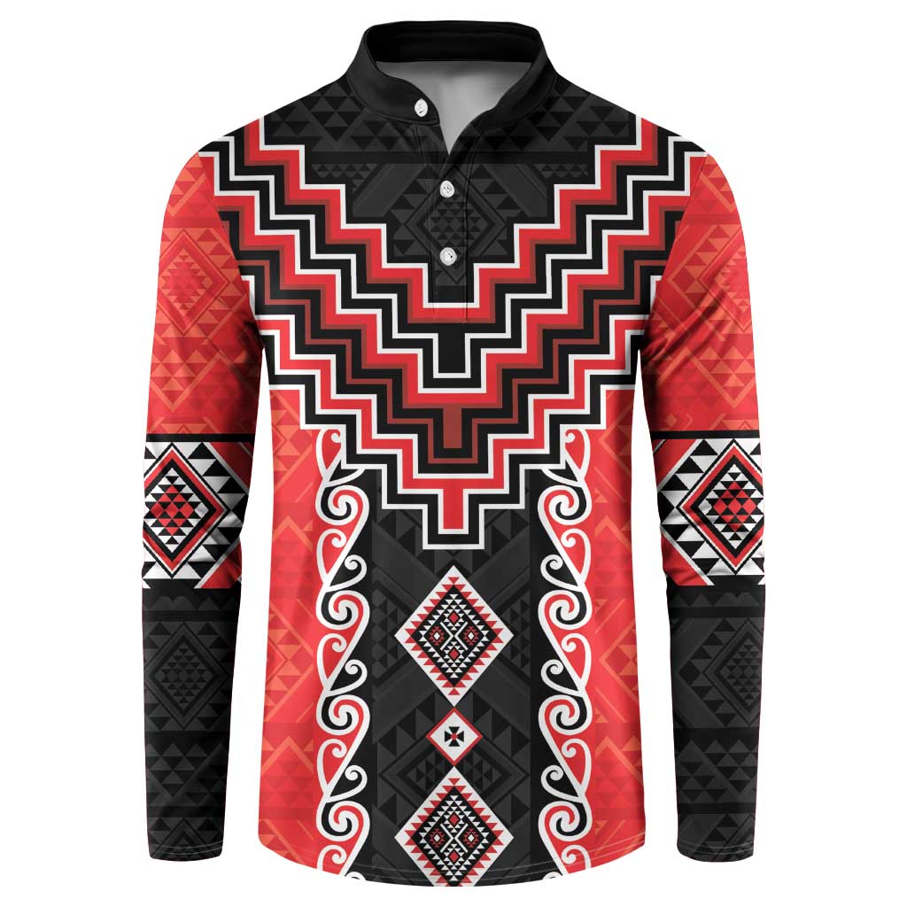 Red Niho Taniwha Mix Poutama Button Sweatshirt Unique Taniko Aotearoa LT01 Red - Polynesian Pride