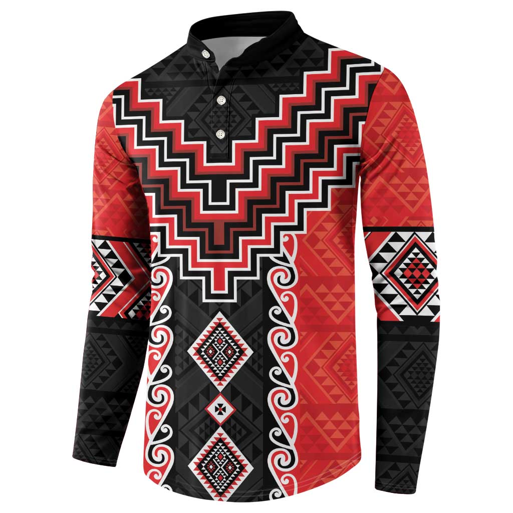 Red Niho Taniwha Mix Poutama Button Sweatshirt Unique Taniko Aotearoa LT01 - Polynesian Pride