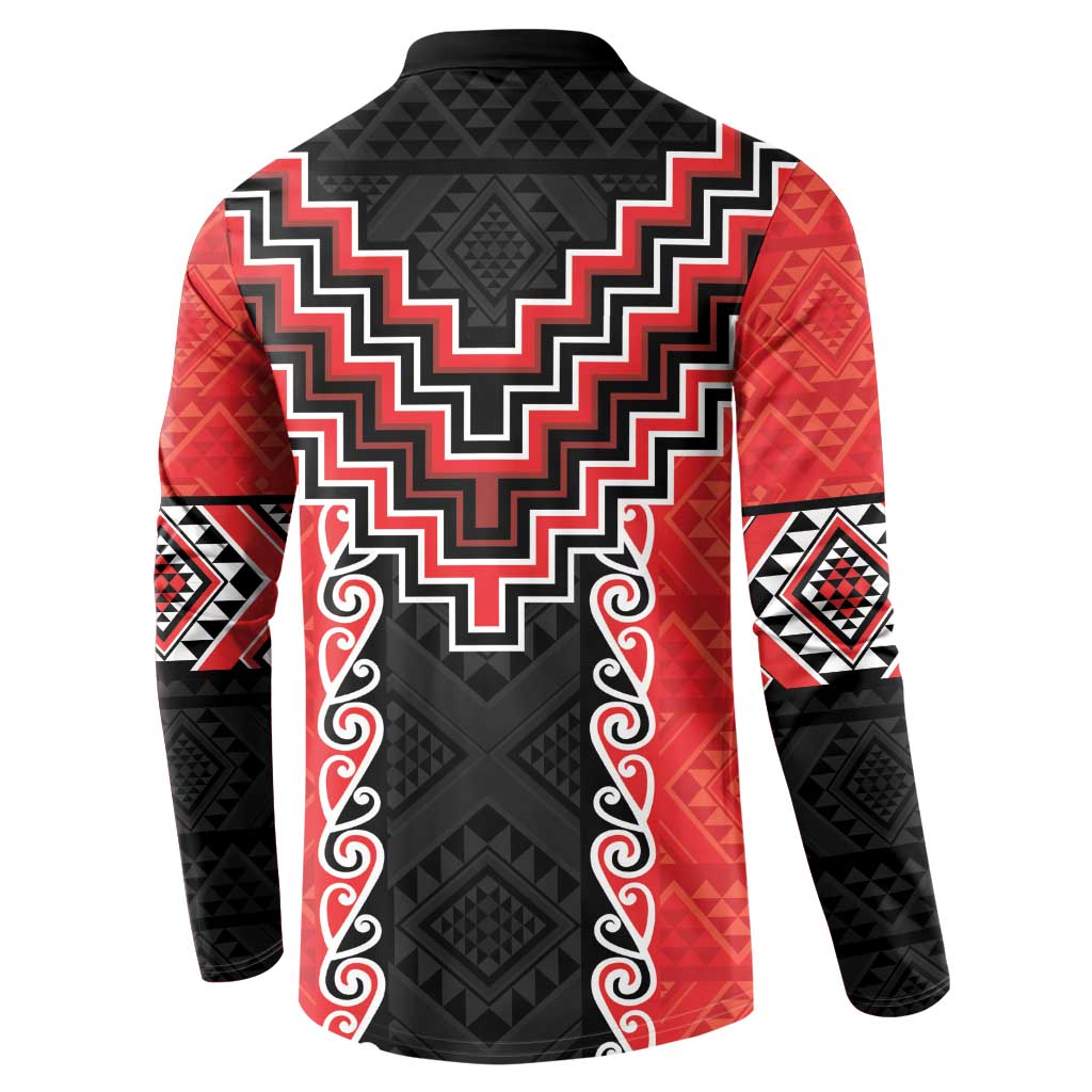 Red Niho Taniwha Mix Poutama Button Sweatshirt Unique Taniko Aotearoa LT01 - Polynesian Pride