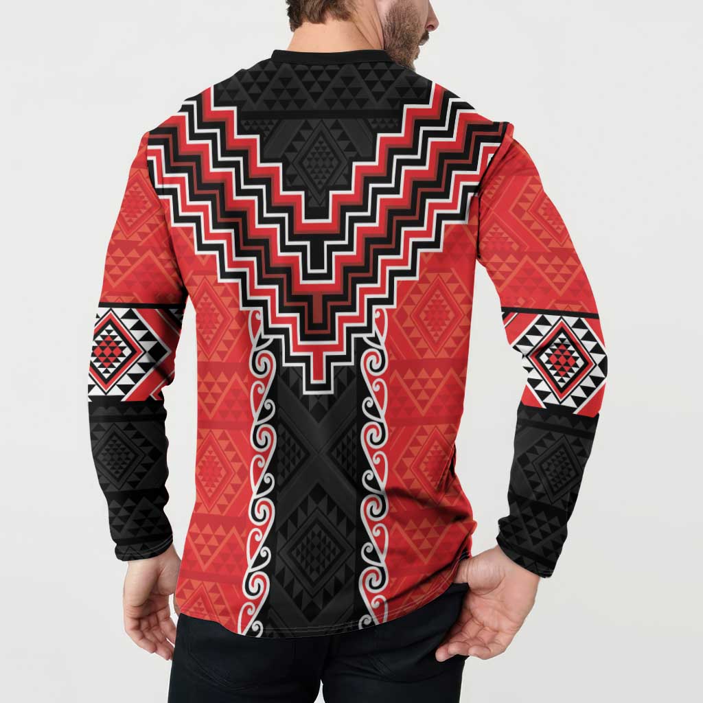 Red Niho Taniwha Mix Poutama Button Sweatshirt Unique Taniko Aotearoa LT01 - Polynesian Pride