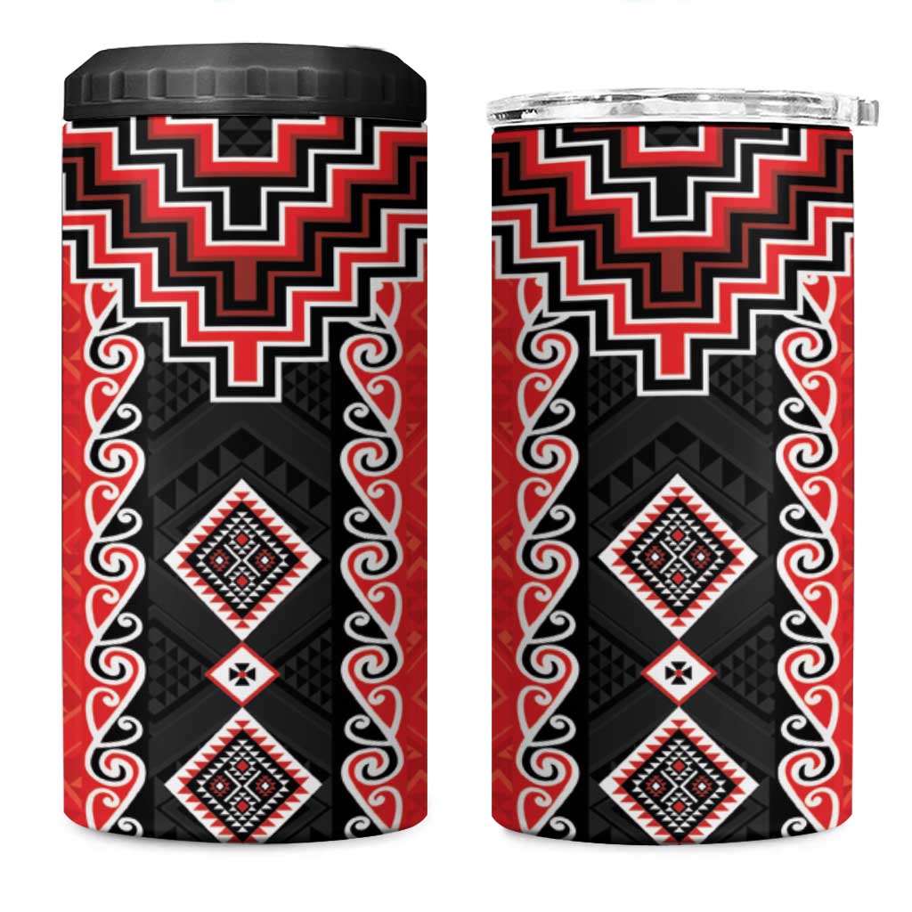 Red Niho Taniwha Mix Poutama 4 in 1 Can Cooler Tumbler Unique Taniko Aotearoa LT01 One Size: 16 oz Red - Polynesian Pride