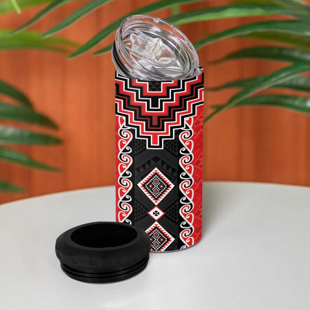 Red Niho Taniwha Mix Poutama 4 in 1 Can Cooler Tumbler Unique Taniko Aotearoa LT01 - Polynesian Pride