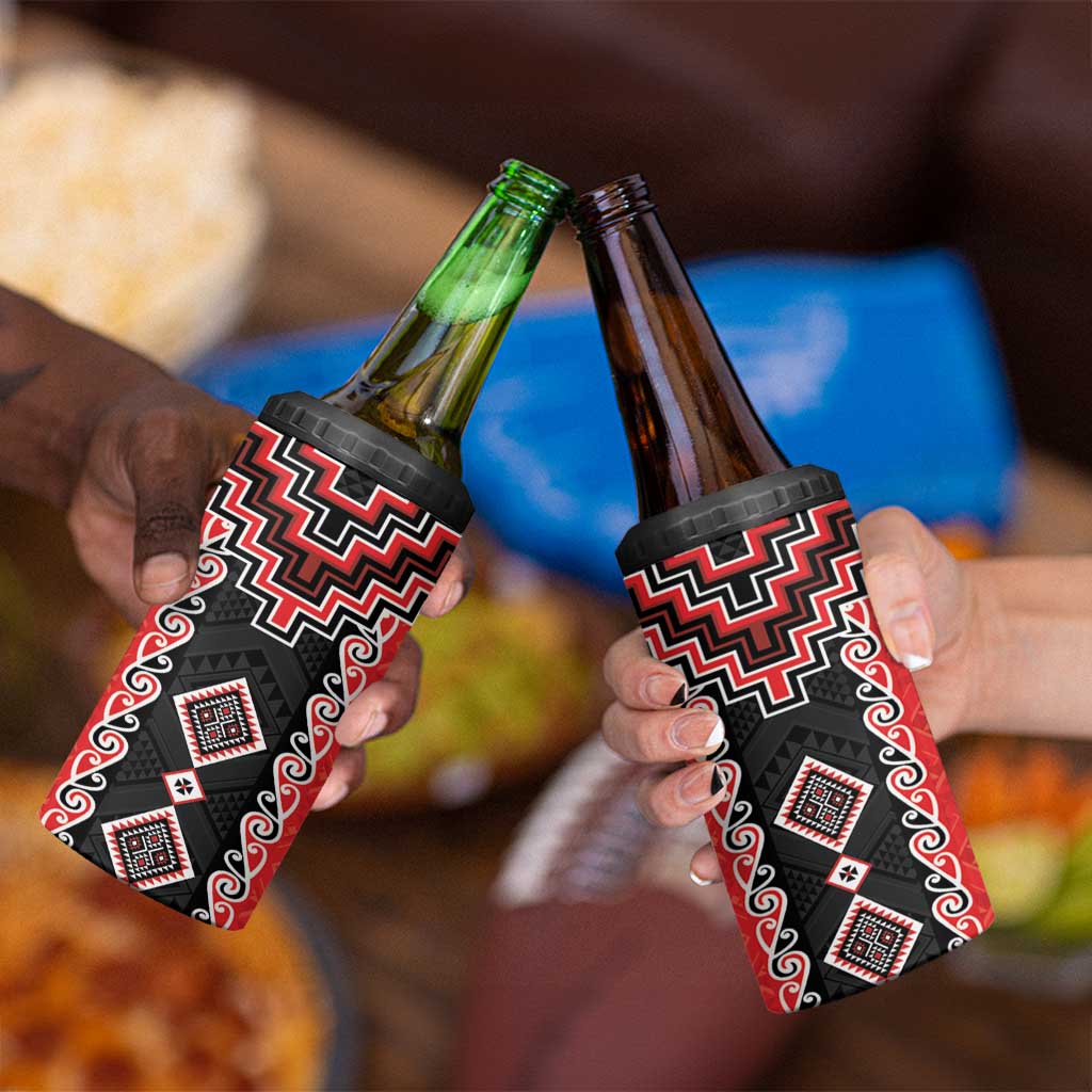 Red Niho Taniwha Mix Poutama 4 in 1 Can Cooler Tumbler Unique Taniko Aotearoa LT01 - Polynesian Pride