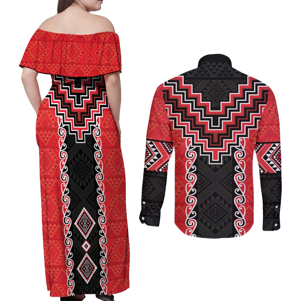 Red Niho Taniwha Mix Poutama Couples Matching Off Shoulder Maxi Dress and Long Sleeve Button Shirt Unique Taniko Aotearoa LT01 - Polynesian Pride