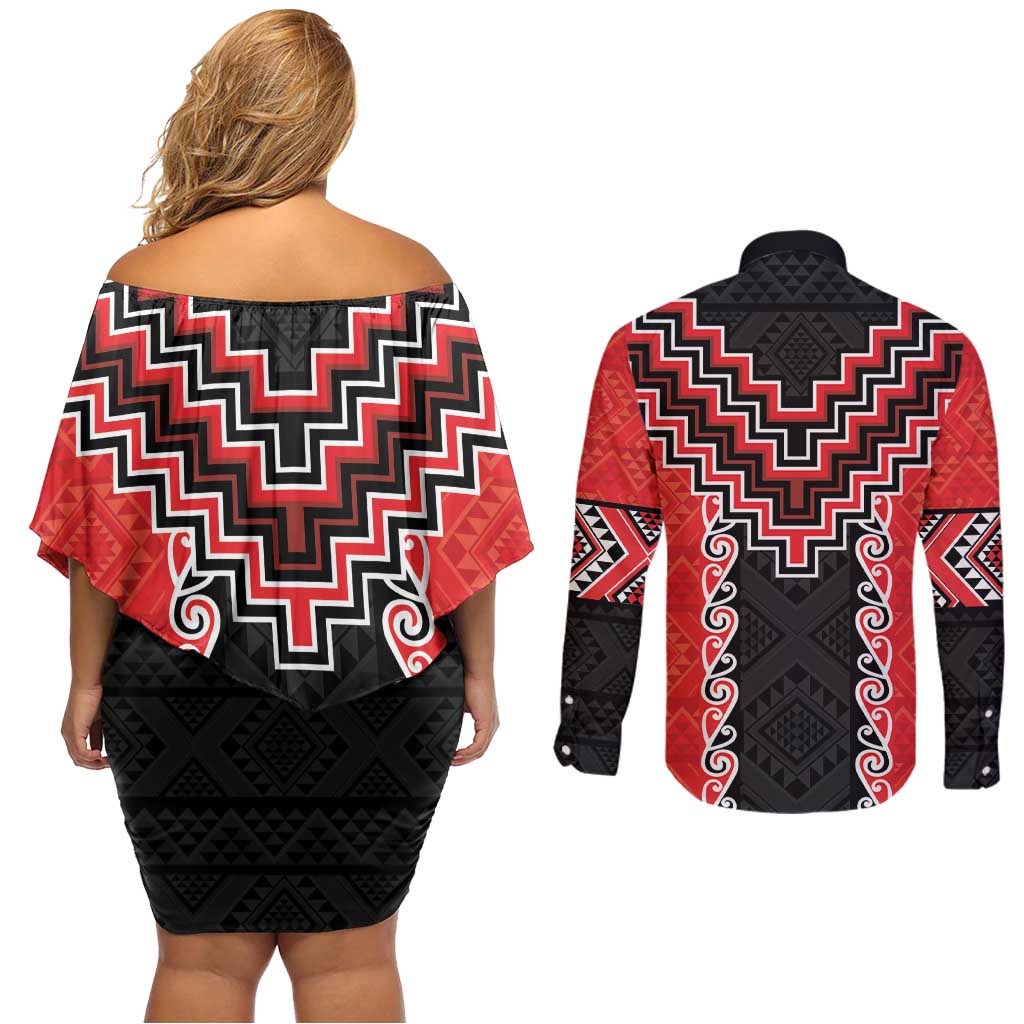 Red Niho Taniwha Mix Poutama Couples Matching Off Shoulder Short Dress and Long Sleeve Button Shirt Unique Taniko Aotearoa LT01 - Polynesian Pride