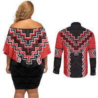 Red Niho Taniwha Mix Poutama Couples Matching Off Shoulder Short Dress and Long Sleeve Button Shirt Unique Taniko Aotearoa LT01 - Polynesian Pride