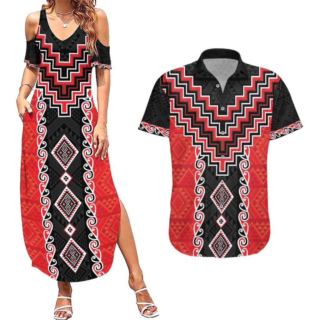 Red Niho Taniwha Mix Poutama Couples Matching Summer Maxi Dress and Hawaiian Shirt Unique Taniko Aotearoa LT01 Red - Polynesian Pride