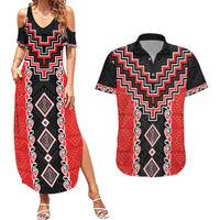 Red Niho Taniwha Mix Poutama Couples Matching Summer Maxi Dress and Hawaiian Shirt Unique Taniko Aotearoa LT01 Red - Polynesian Pride