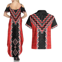Red Niho Taniwha Mix Poutama Couples Matching Summer Maxi Dress and Hawaiian Shirt Unique Taniko Aotearoa LT01 - Polynesian Pride