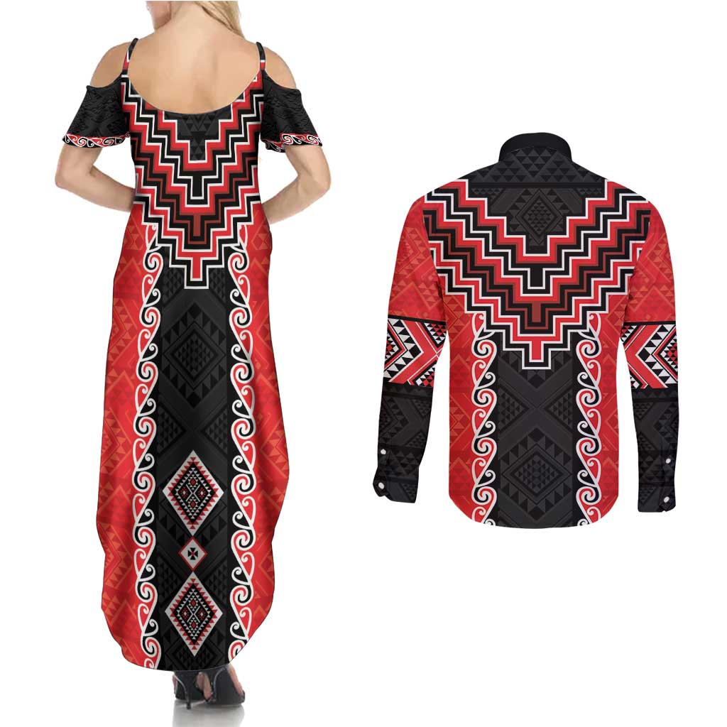 Red Niho Taniwha Mix Poutama Couples Matching Summer Maxi Dress and Long Sleeve Button Shirt Unique Taniko Aotearoa LT01 - Polynesian Pride