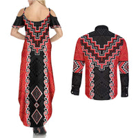 Red Niho Taniwha Mix Poutama Couples Matching Summer Maxi Dress and Long Sleeve Button Shirt Unique Taniko Aotearoa LT01 - Polynesian Pride