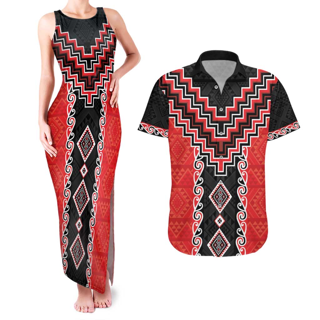 Red Niho Taniwha Mix Poutama Couples Matching Tank Maxi Dress and Hawaiian Shirt Unique Taniko Aotearoa LT01 Red - Polynesian Pride