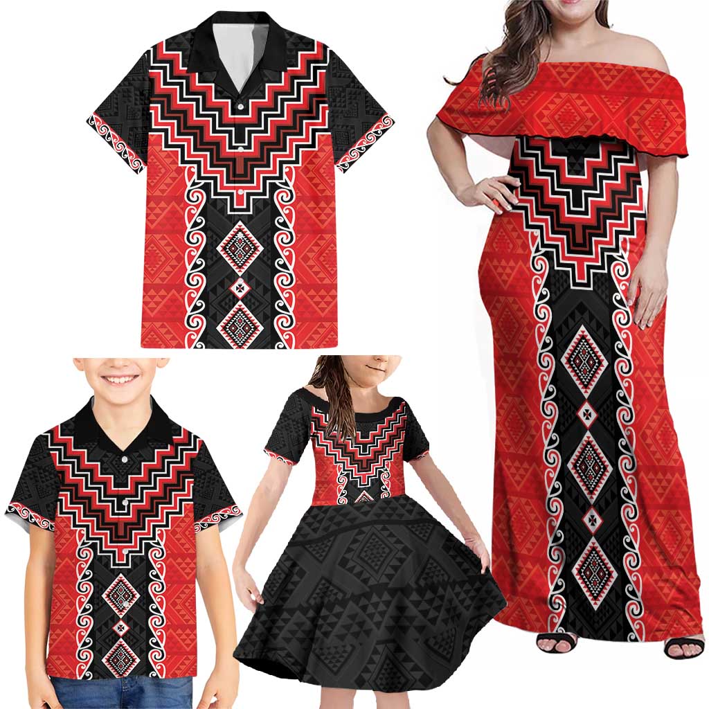 Red Niho Taniwha Mix Poutama Family Matching Off Shoulder Maxi Dress and Hawaiian Shirt Unique Taniko Aotearoa