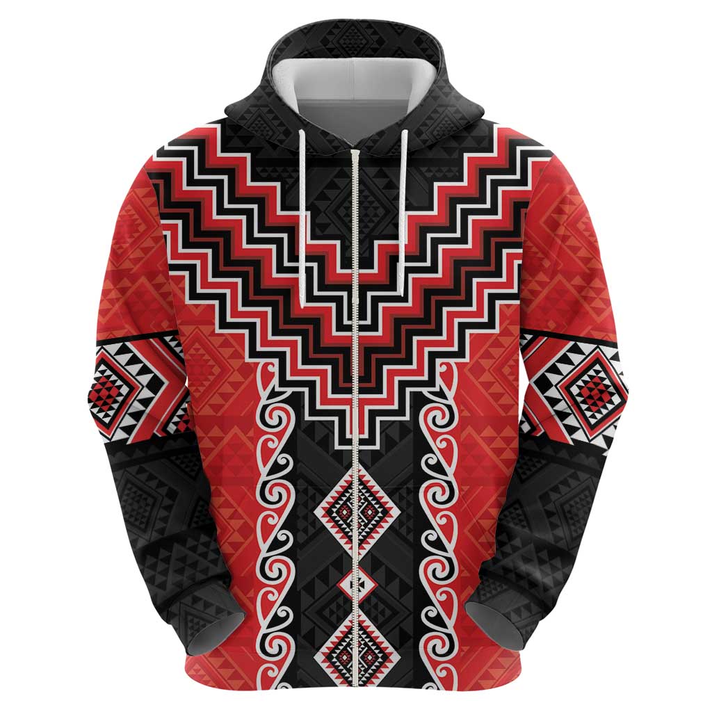 Red Niho Taniwha Mix Poutama Hoodie Unique Taniko Aotearoa