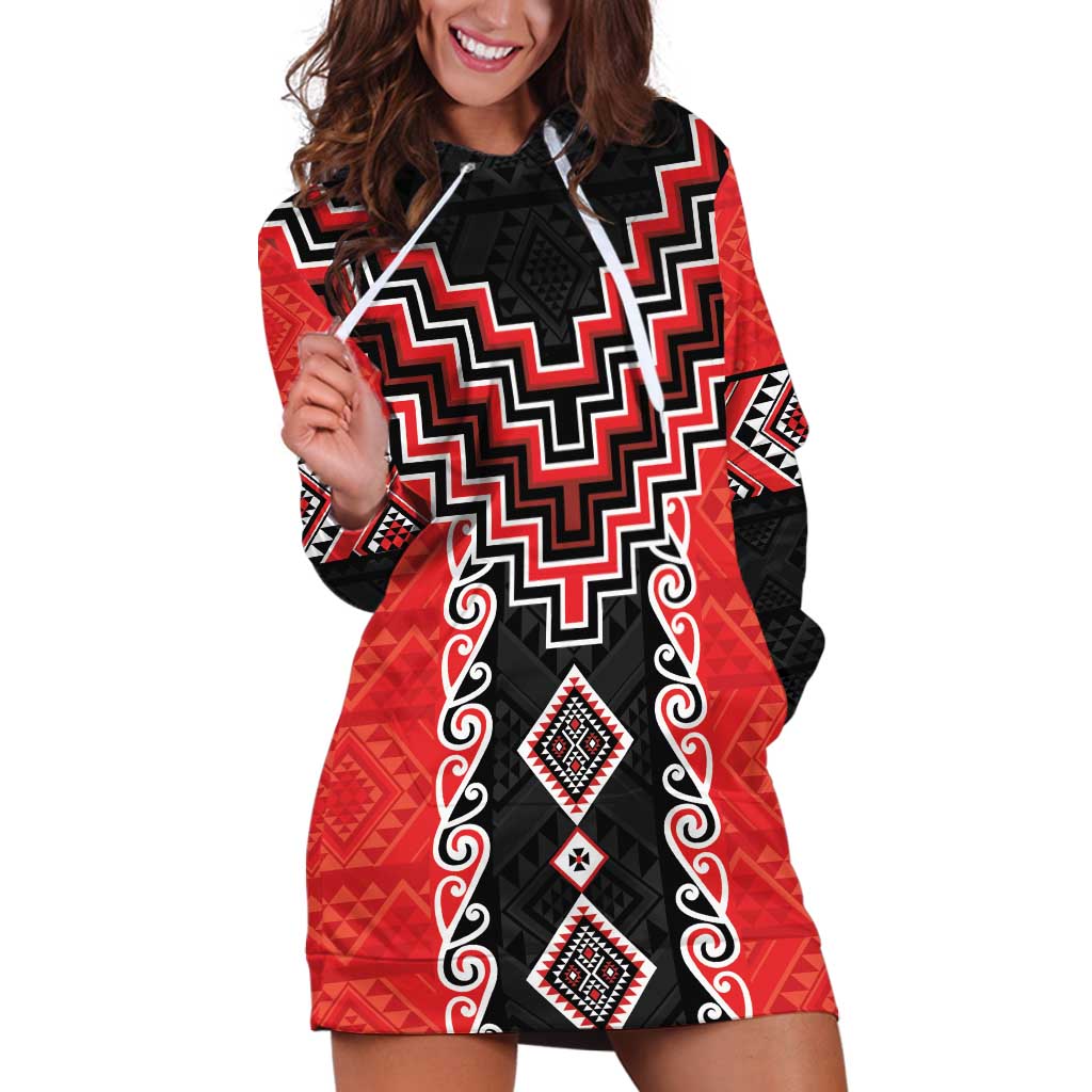 Red Niho Taniwha Mix Poutama Hoodie Dress Unique Taniko Aotearoa LT01 Red - Polynesian Pride