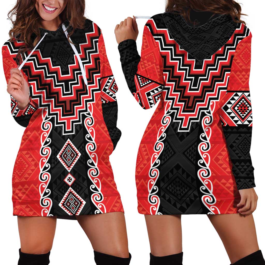 Red Niho Taniwha Mix Poutama Hoodie Dress Unique Taniko Aotearoa LT01 - Polynesian Pride