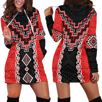 Red Niho Taniwha Mix Poutama Hoodie Dress Unique Taniko Aotearoa LT01 - Polynesian Pride