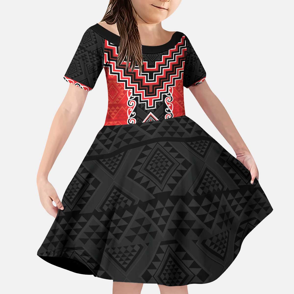 Red Niho Taniwha Mix Poutama Kid Short Sleeve Dress Unique Taniko Aotearoa