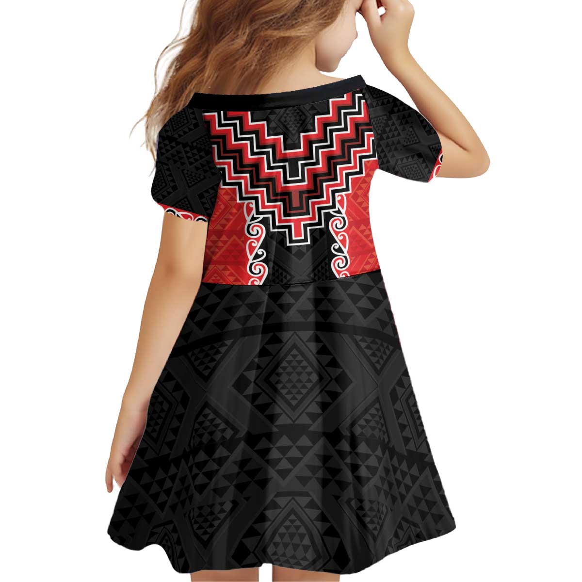 Red Niho Taniwha Mix Poutama Kid Short Sleeve Dress Unique Taniko Aotearoa