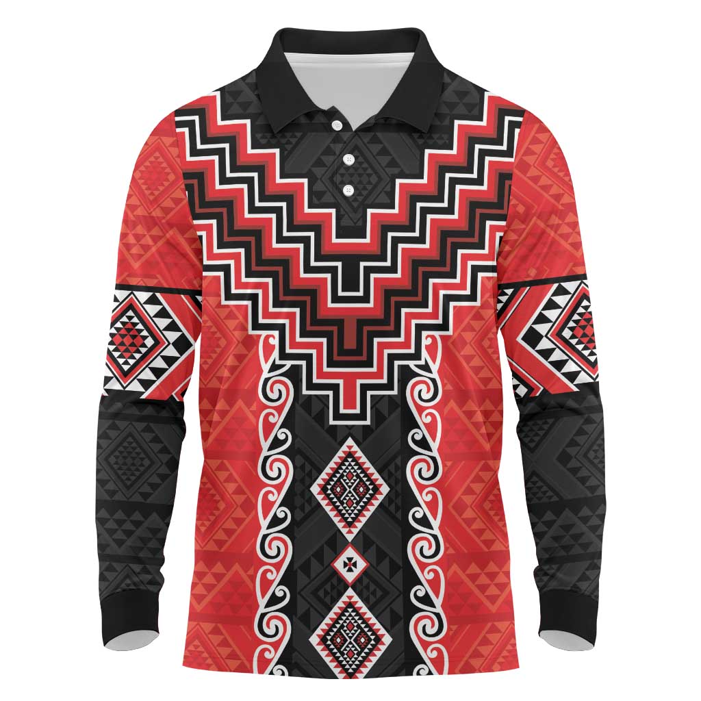 Red Niho Taniwha Mix Poutama Long Sleeve Polo Shirt Unique Taniko Aotearoa