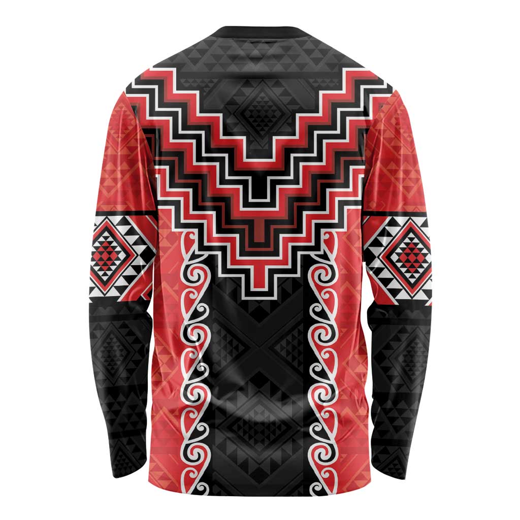 Red Niho Taniwha Mix Poutama Long Sleeve Shirt Unique Taniko Aotearoa LT01 - Polynesian Pride
