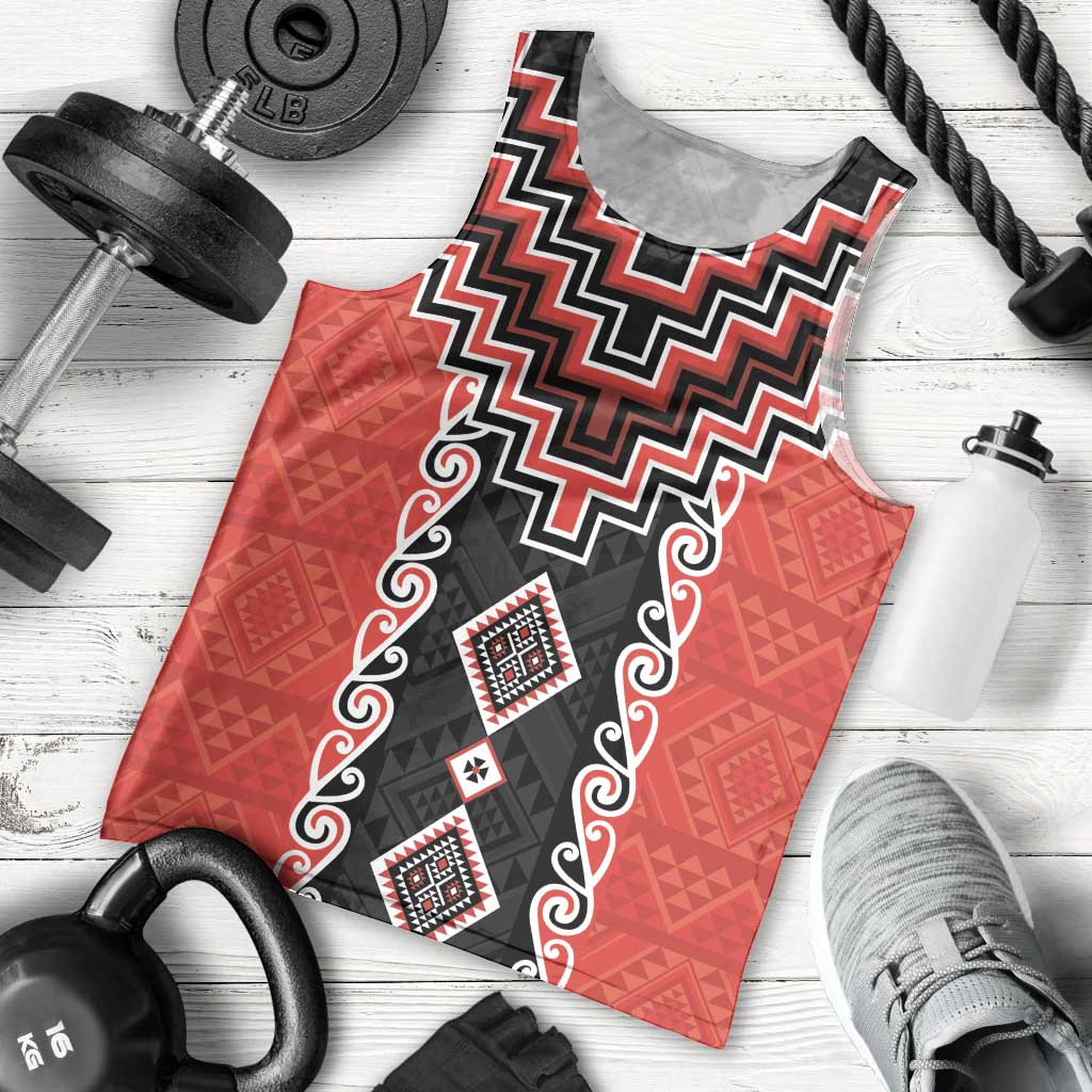 Red Niho Taniwha Mix Poutama Men Tank Top Unique Taniko Aotearoa LT01 - Polynesian Pride