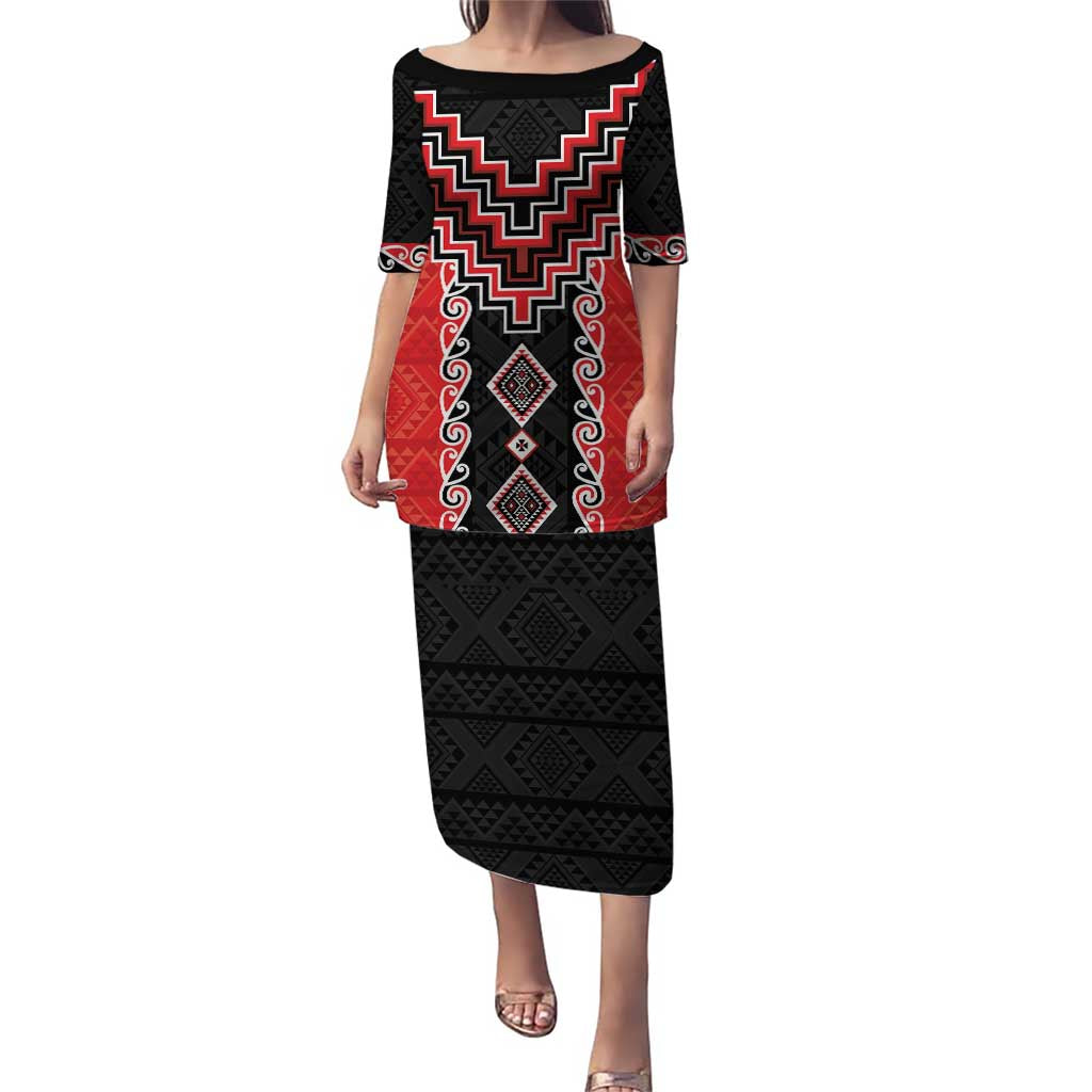 Red Niho Taniwha Mix Poutama Puletasi Unique Taniko Aotearoa LT01 Long Dress Red - Polynesian Pride