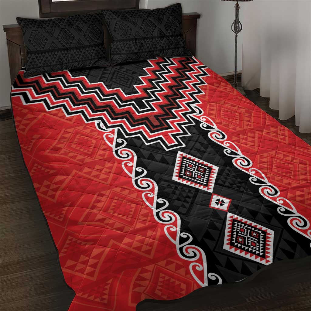 Red Niho Taniwha Mix Poutama Quilt Bed Set Unique Taniko Aotearoa