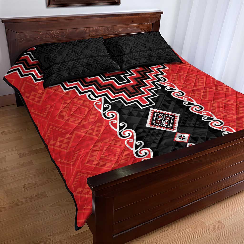 Red Niho Taniwha Mix Poutama Quilt Bed Set Unique Taniko Aotearoa LT01 - Polynesian Pride