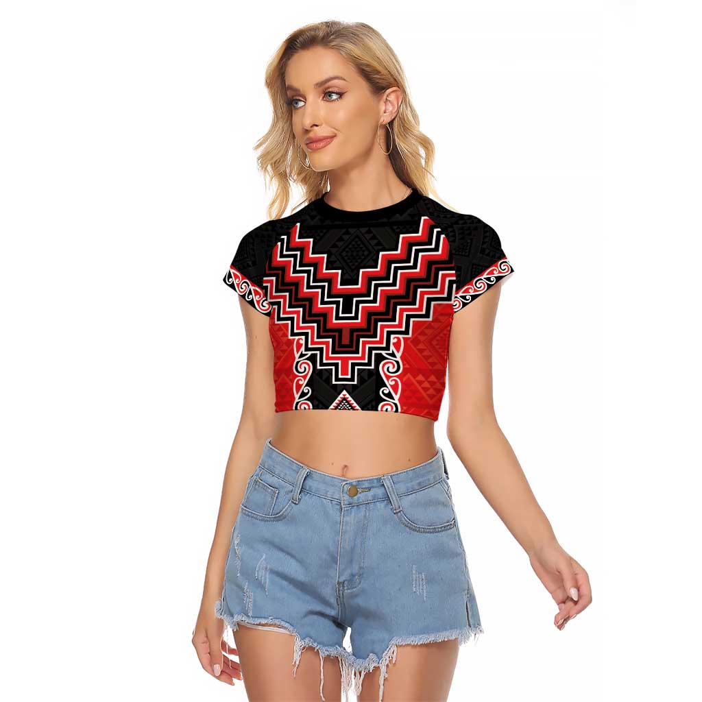 Red Niho Taniwha Mix Poutama Raglan Cropped T Shirt Unique Taniko Aotearoa LT01 Female Red - Polynesian Pride