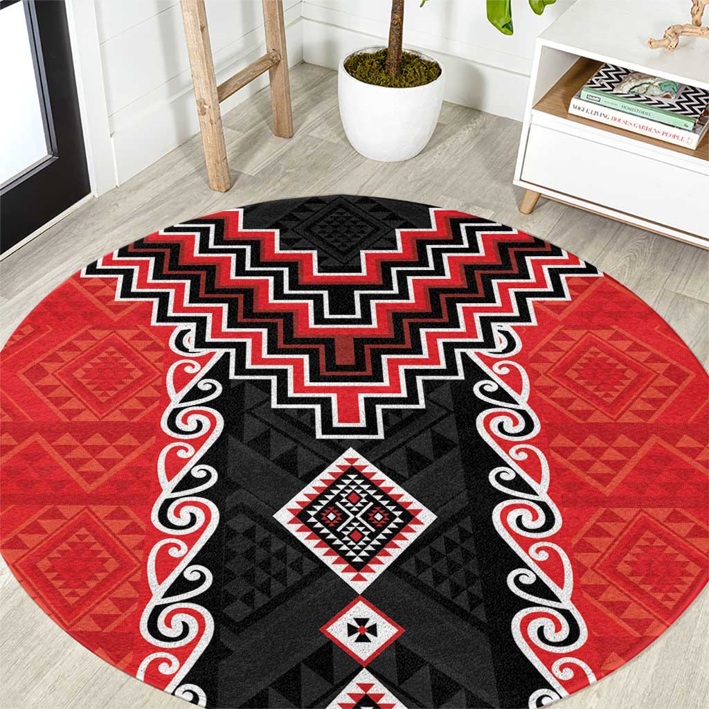 Red Niho Taniwha Mix Poutama Round Carpet Unique Taniko Aotearoa