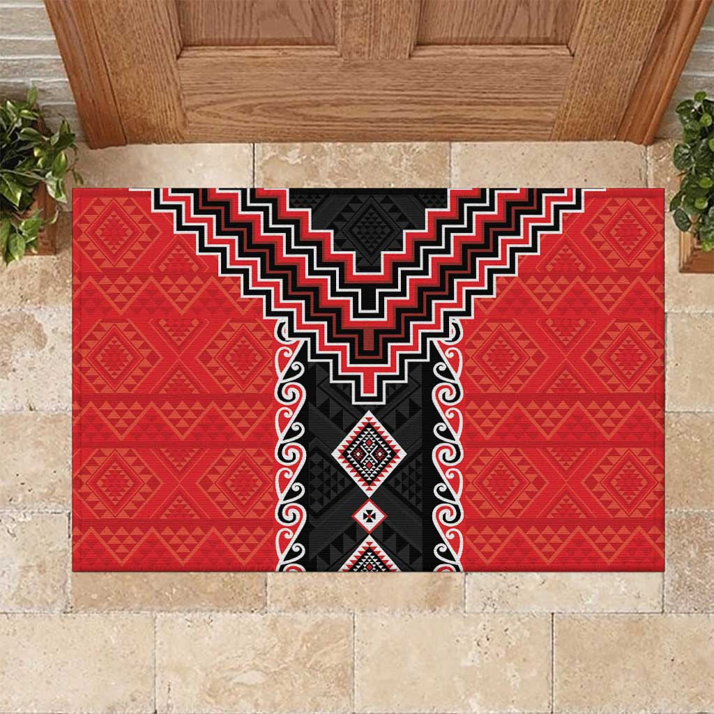 Red Niho Taniwha Mix Poutama Rubber Doormat Unique Taniko Aotearoa