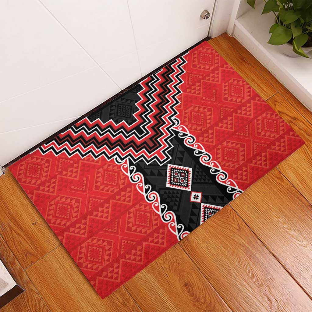 Red Niho Taniwha Mix Poutama Rubber Doormat Unique Taniko Aotearoa