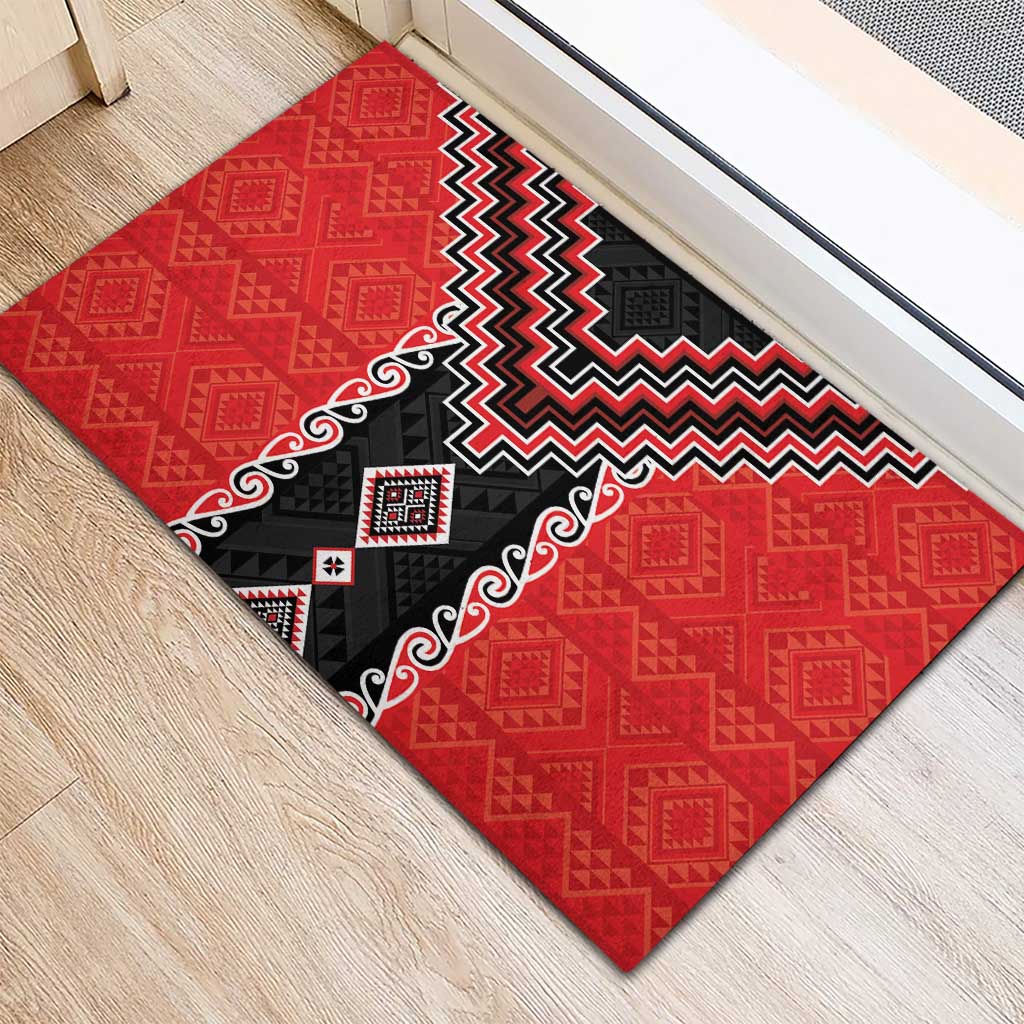 Red Niho Taniwha Mix Poutama Rubber Doormat Unique Taniko Aotearoa