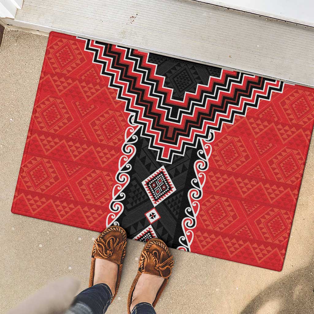 Red Niho Taniwha Mix Poutama Rubber Doormat Unique Taniko Aotearoa