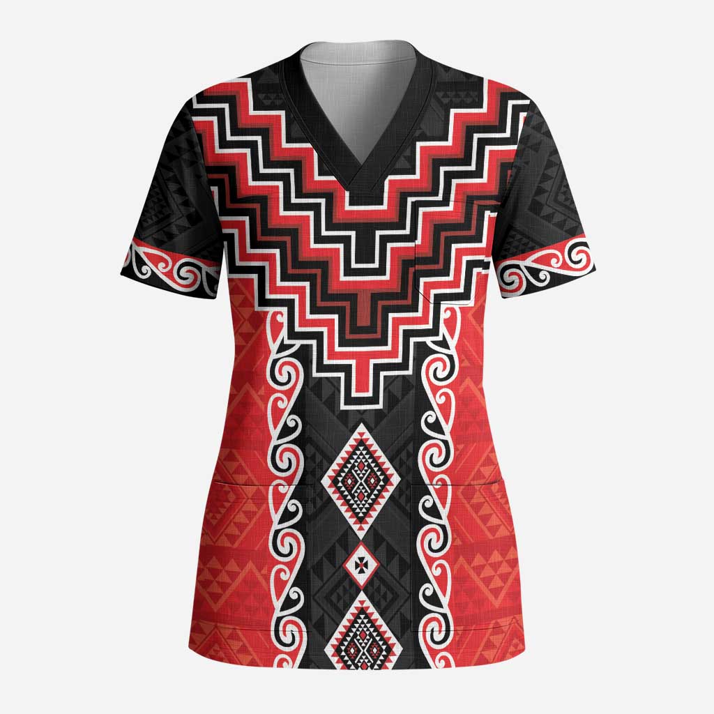 Red Niho Taniwha Mix Poutama Scrub Top Unique Taniko Aotearoa LT01 Adult Red - Polynesian Pride