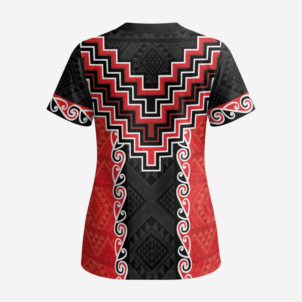 Red Niho Taniwha Mix Poutama Scrub Top Unique Taniko Aotearoa LT01 - Polynesian Pride